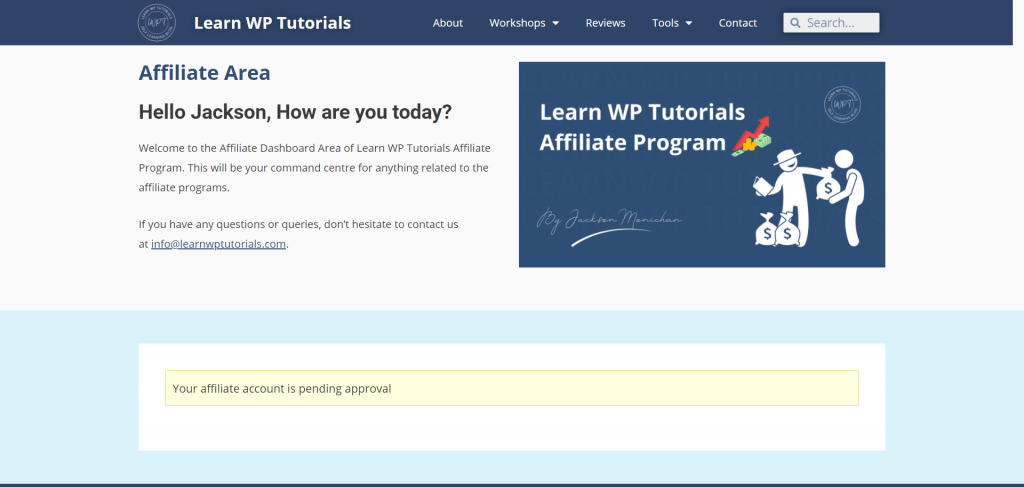 Learn WP Tutorials Affiliate Area - Pending Approval