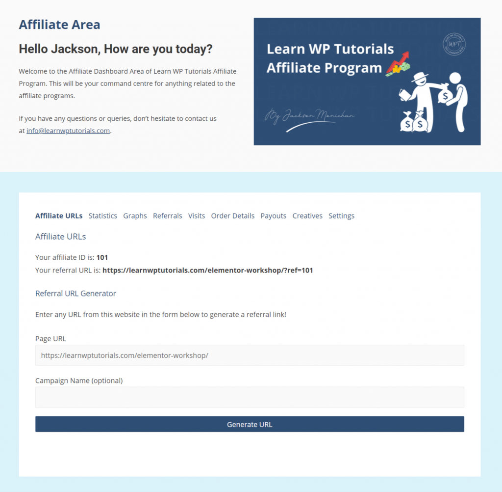 Learn WP Tutorials Affiliate Area - Approval Accepted