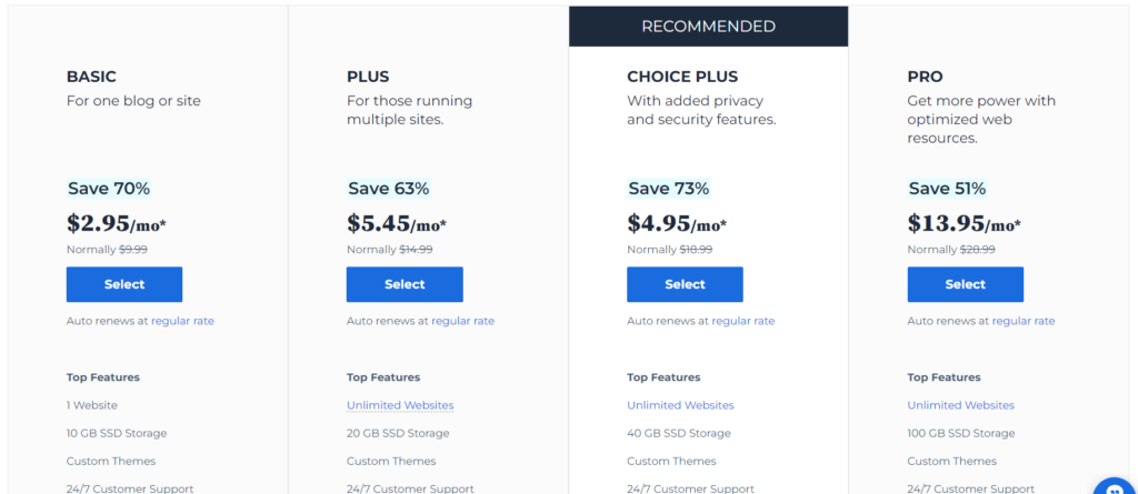 bluehost shared hosting pricing plan