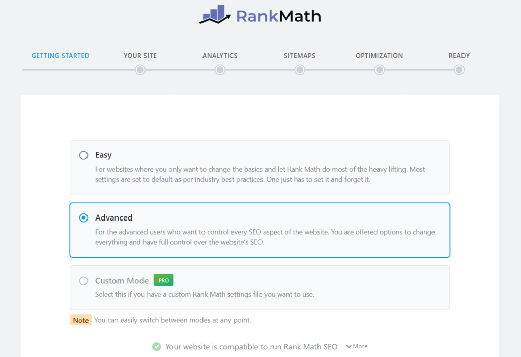 Rankmath setup wizard advanced mode